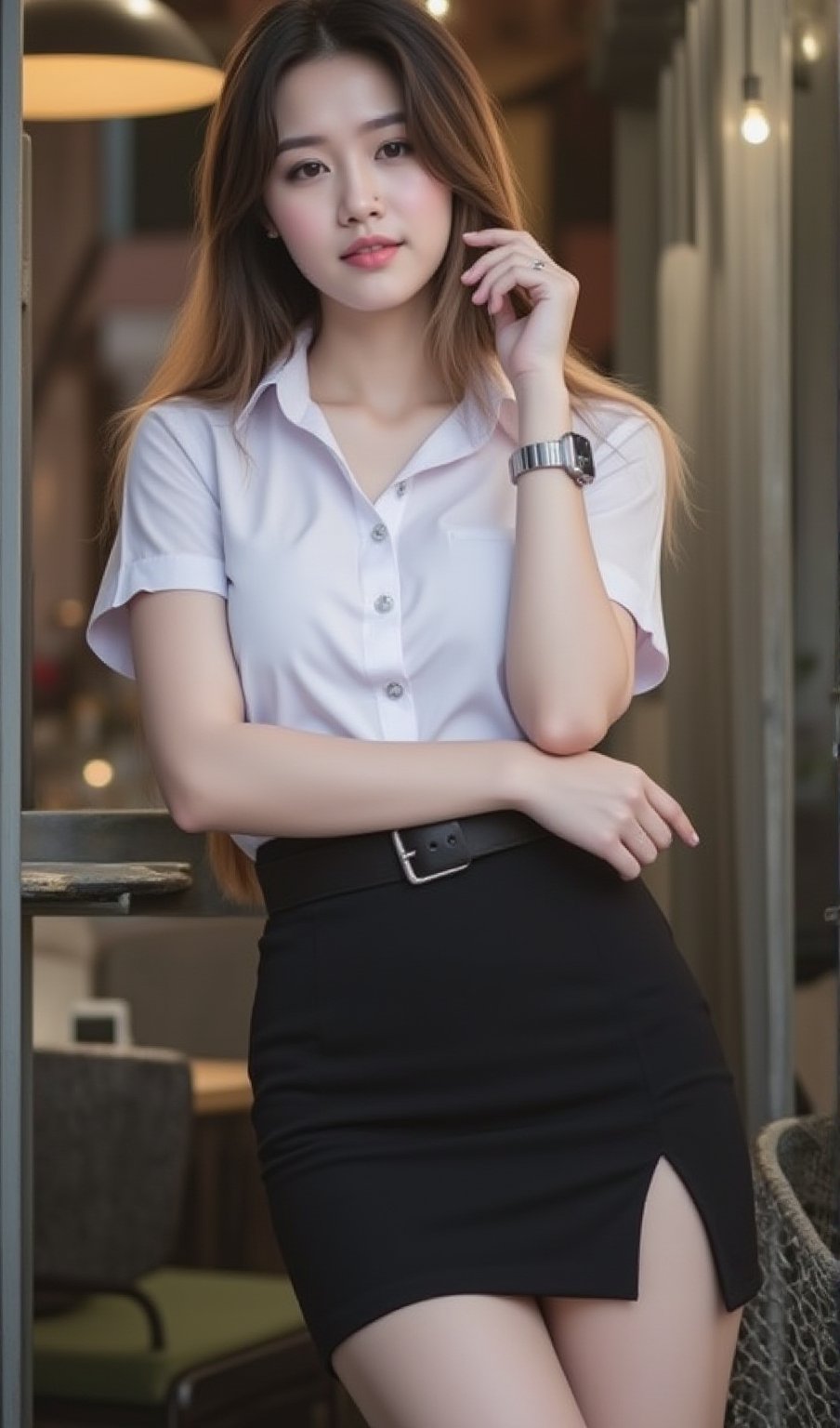 
18 year old thailand woman, long hair,wetting a soak fitting clear White short-sleeved slim-fit shirt with shoulder-length sleeves,belt,earing,Apple watch 44mm.,neckleck, Black Narrow skirt short with a slit on the left side, Black high heels, in a coffee shop,