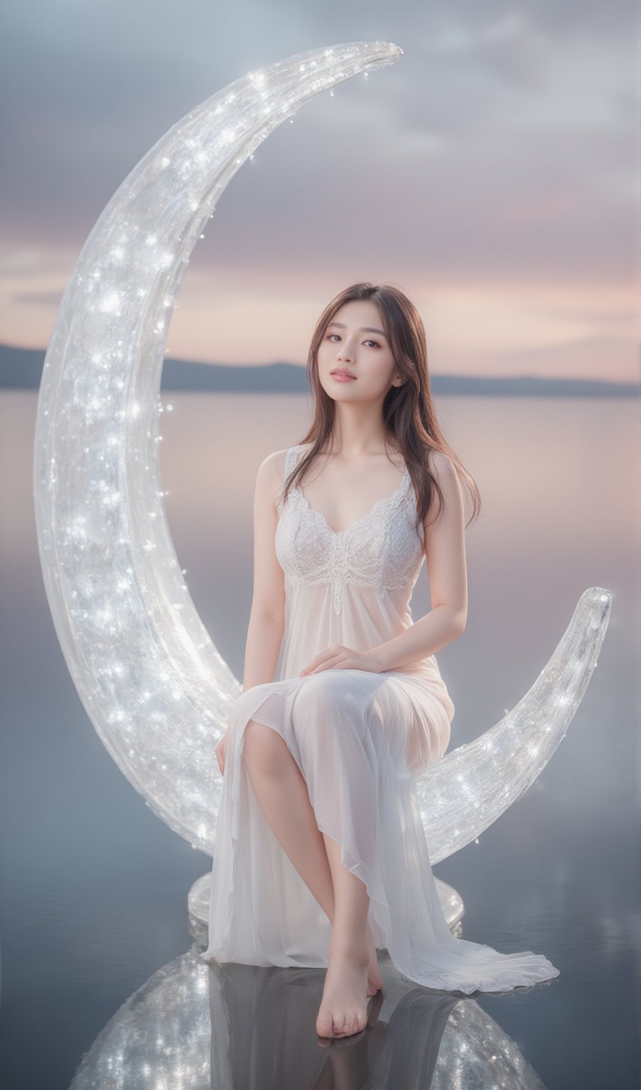 a 25-year-old Thai woman in an elegant white dress, sitting legs-cross gracefully on a sparkling crystal crescent moon, detailed and serene, themed celestial elegance, soft glowing lighting with pastel hues, calm and composed expression, 3D render, using UE5 and Quixel Megascans, surreal fantasy setting with reflective water, pastel skies, and floating elements, photorealistic.