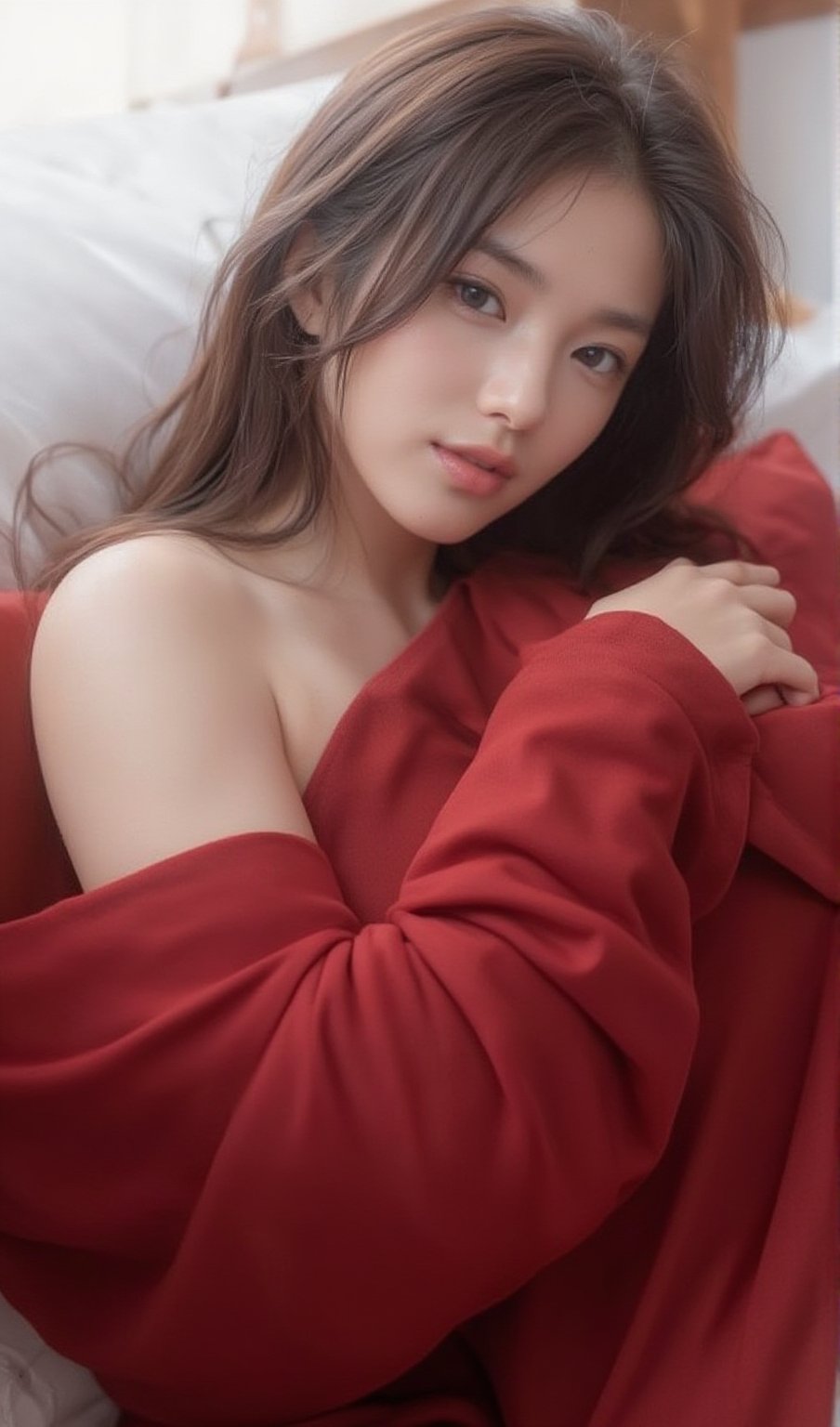 A warm and intimate morning portrait of a Thai woman lying in bed, softly wrapped in rich red sheets that gently drape over her body. She has a relaxed and natural expression, her eyes gazing softly towards the viewer. Her long, tousled hair spreads out over the pillow, catching the early white morning light that streams in through a nearby window. The lighting is soft and bright, creating a beautiful contrast between light and shadow, highlighting her facial features and the delicate texture of the red sheets. The background is simple, with subtle red accents, keeping the focus entirely on the woman and the cozy, tranquil atmosphere of the bedroom. The mood is serene and peaceful, capturing a quiet moment of stillness at the start of the day.