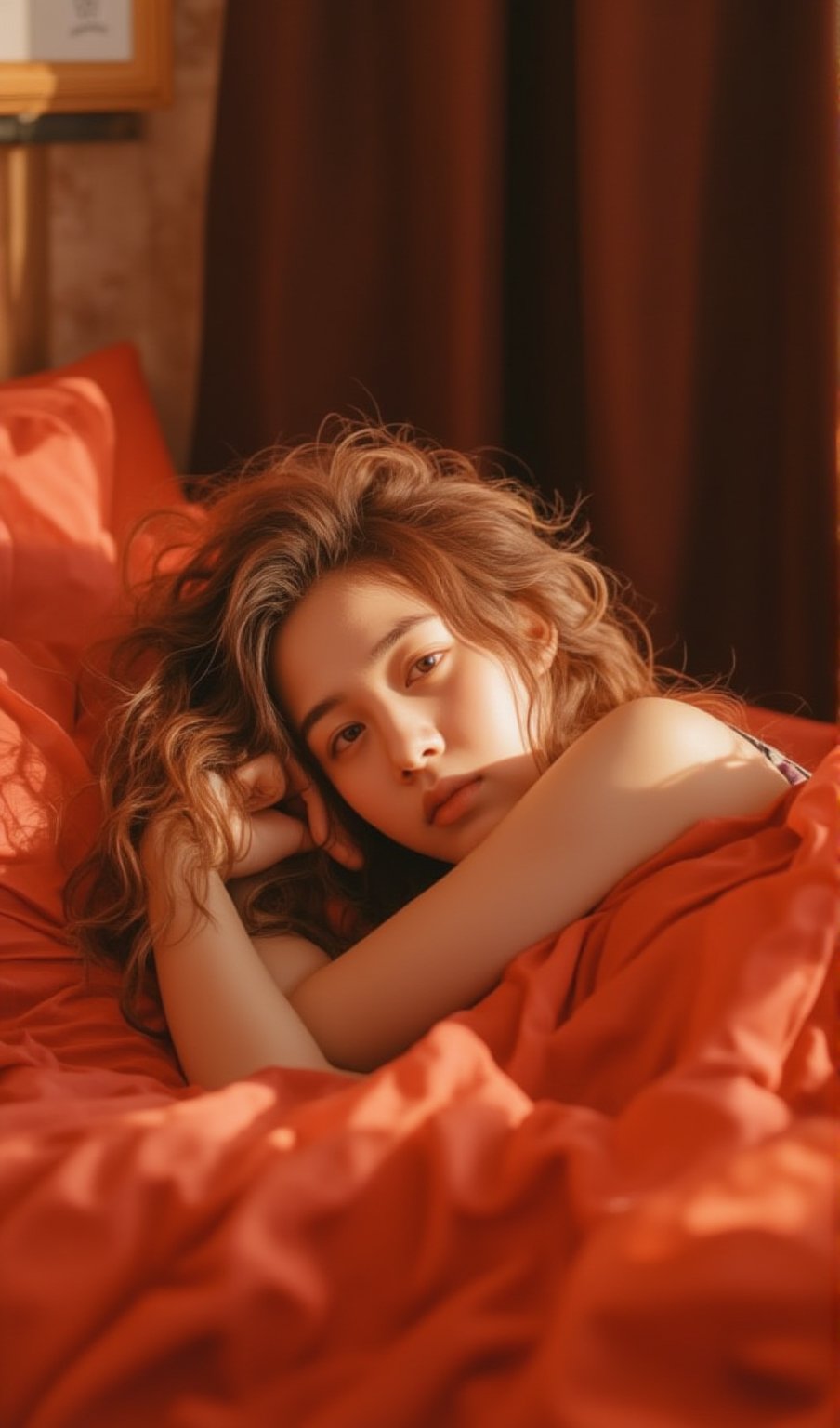 A warm and intimate morning portrait of 18 year old a Thai woman lying in bed, softly wrapped in brown sheets that gently drape over her body. She has a relaxed and natural expression, her eyes gazing softly towards the viewer. Her long, tousled hair spreads out over the pillow, catching the early white morning light that streams in through a nearby window. The lighting is soft and bright, creating a beautiful contrast between light and shadow, highlighting her facial features and the delicate texture of the red sheets. The background is simple, with subtle brown accents, keeping the focus entirely on the woman and the cozy, tranquil atmosphere of the bedroom. The mood is serene and peaceful, capturing a quiet moment of stillness at the start of the day.