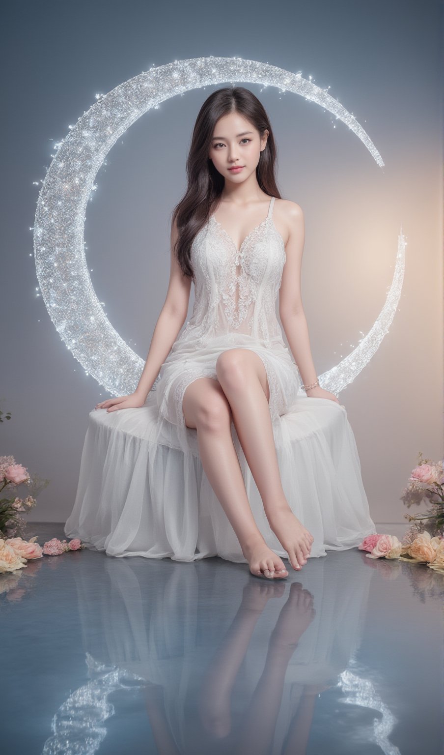 a 25-year-old Thai woman in an elegant white dress, sitting legs-cross gracefully on a sparkling crystal crescent moon, detailed and serene, themed celestial elegance, soft glowing lighting with pastel hues, calm and composed expression, 3D render, using UE5 and Quixel Megascans, surreal fantasy setting with reflective water, pastel skies, and floating elements, photorealistic.