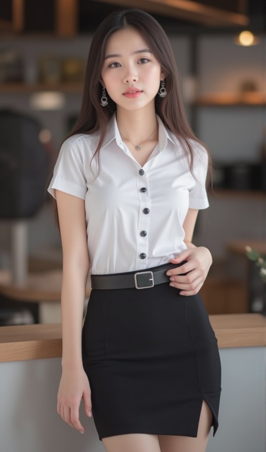 
18 year old thailand woman, long hair,wetest a torn fitting Shinny White short-sleeved slim-fit shirt with shoulder-length sleeves,belt,earing,Smartwatch,neckleck, Black Narrow skirt short with a slit on the left side, Black high heels, in a starbuck shop,