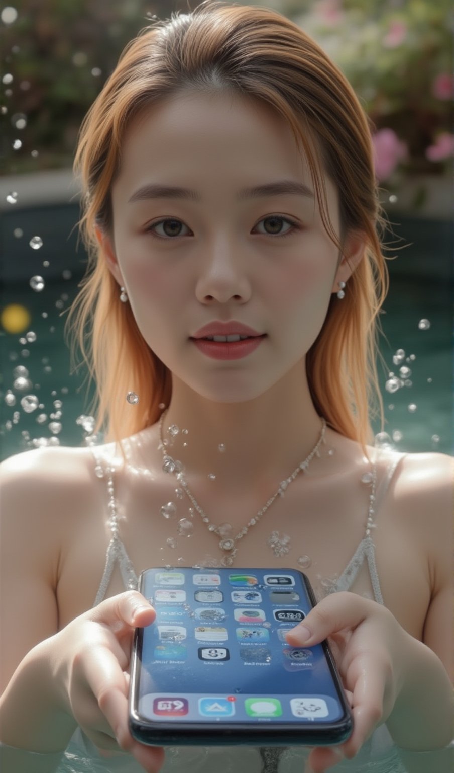 Style the real world and digital world of Thai women with beautiful faces and bodies. It looks sleek and modern and pops out of the iPhone 13pro onscreendisplay showing various application icons on the screen. Water splashes surround her. She is swimming with an iPhone 16. Her skin is smooth and shiny. Wear sparkling diamond jewelry. The surrounding atmosphere is warm and there are flowers in the background. It makes the picture look beautiful.