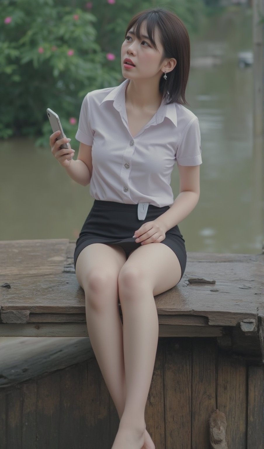 realistic images: Images of flood events in northern Thailand. It is a picture of a woman,breasts size-d,Blush,Tear,She is wearing a Clothes are all wet Fitting white collared shirt and a black short skirt ,cute Earring,her pose Sitting with legs apart on the roof of a wooden house. The area below was filled with thick, murky water. In the woman's hand iPhone opens flash to the sky