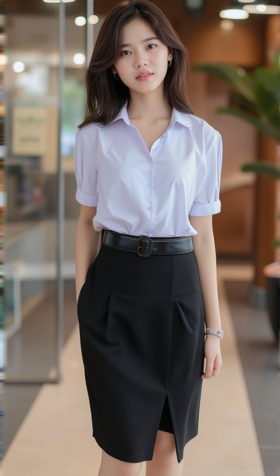 
16 year old thailand woman, long hair,wetest a torn fitting Shinny White short-sleeved slim-fit shirt,black skirt Unbutton one button of the shirt,belt,earing,Smartwatch,IPhone 13pro,neckleck, Black Narrow skirt short with a slit on the left side, Black high heels, in a starbuck shop,