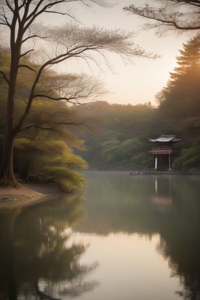 Sunset casting warm, golden light upon a serene lake nestled within a dense forest. A towering tree stands tall, its blooming branches stretching towards the sky like delicate brushstrokes. In the distance, a traditional Japanese gate appears as a subtle silhouette. The surrounding foliage is rendered in muted colors, allowing negative space to create a sense of depth. The atmosphere is tranquil, inviting the viewer to step into this dreamlike ink drawing.