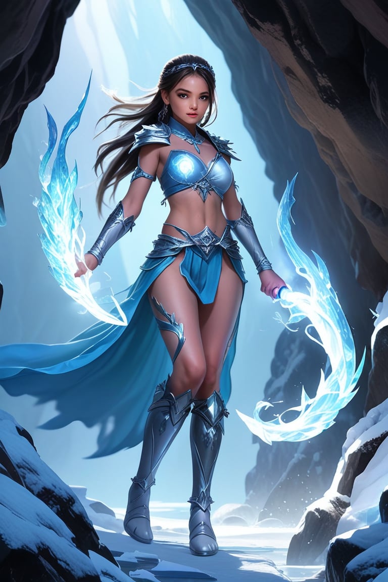 a beautiful girl stands in the cave She uses the magic sord and turns into a beautiful ice magic \(ek_ges1ba\) warrior \(detailed exquisite face\),ek_game_3ffect