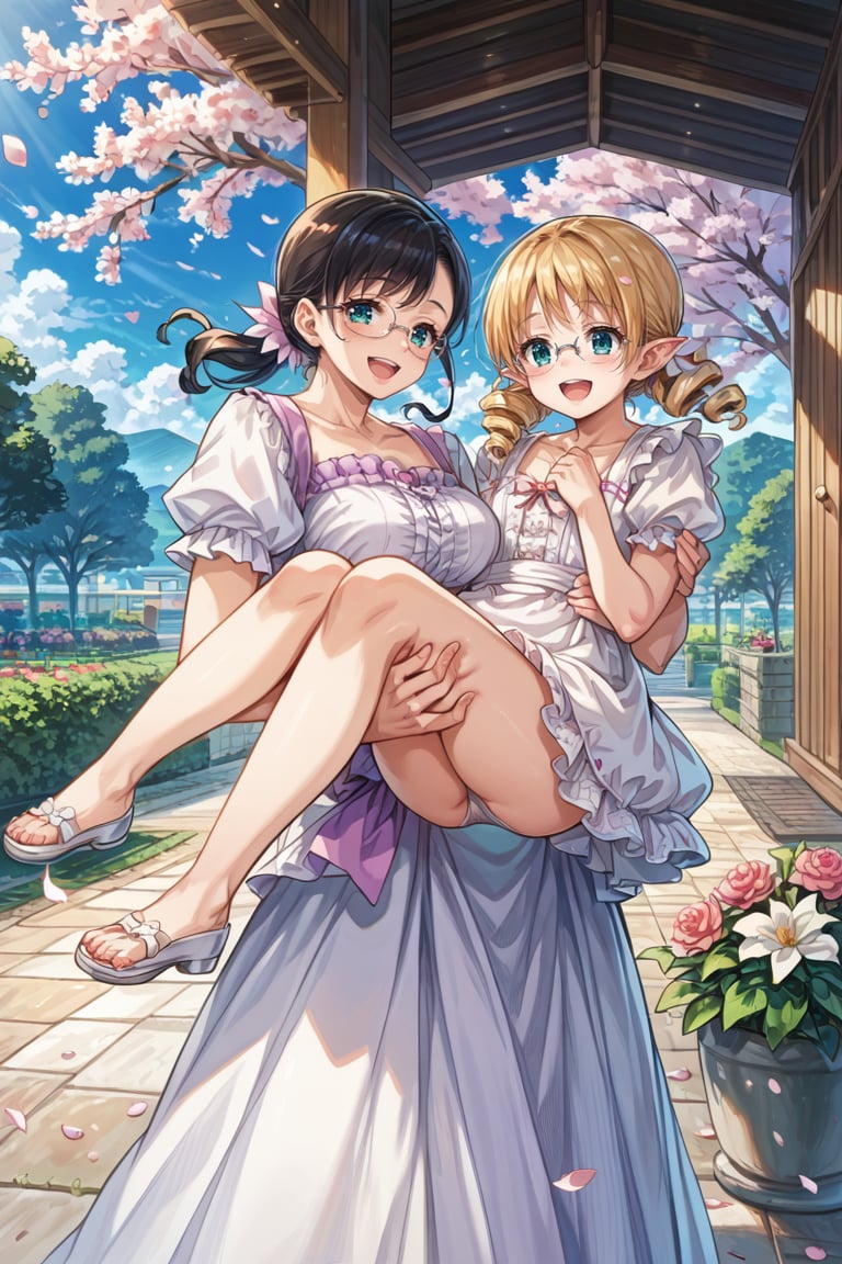 score_9, score_8_up, score_7_up, ((2girls)), (multiple girls, 2girls,), (height difference)), (((bridal carry))), ((((garden)))), ((sakura trees)), ((sakura petals in air)), (kissingg)), (((full_body view))), 2_girls, happy face, BREAK first girl is cattleya, tall girl, mature female, long hair, black hair, low ponytail, blue eyes, swept bangs, glasses, BREAK second girl is ymir, short girl, aqua eyes, blonde, medium hair, twintails, pointy ears, twintails, drill hair, BREAK frist girl carry second girl as a bride