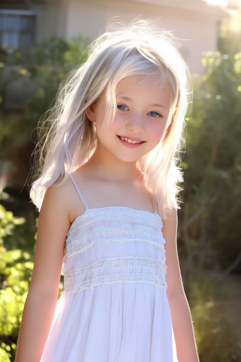 A stunning 8K, HDR masterpiece of a tween girl, age 11, with striking white hair and bright blue eyes. Her smiling face glows with a soft blush, against a pale white complexion. The petite, slender figure is dressed in a flowing hippie dress, exuding innocence and playfulness. Shot on a Sony A7III in RAW format, stylized in a 1:2 aspect ratio, with crisp lines and forms reminiscent of David Dubnitskiy's style. Shadows add depth to the image, creating a sense of dimensionality. (Sharp:1)