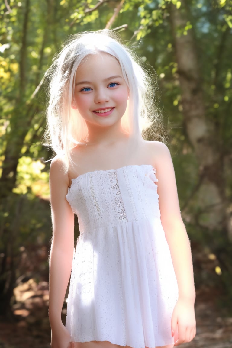 A stunning full-body portrait of a petite, 11-year-old tween girl with white hair, smiling face, and bright blue eyes. Her pale skin glows with a gentle blush as she wears only a mini dress in a playful, childish hippie style. The camera captures her slender physique in crisp, high-definition detail, with perfect lines and forms. Shot on a Sony A7III, this masterpiece is a true work of art, boasting 8K resolution, HDR capabilities, and photorealistic clarity. Her stunning features are lit by soft, natural shadows, as if posing for a RAW photo shoot. The overall atmosphere is hot and playful, with the tween girl exuding a sense of fun and joy.