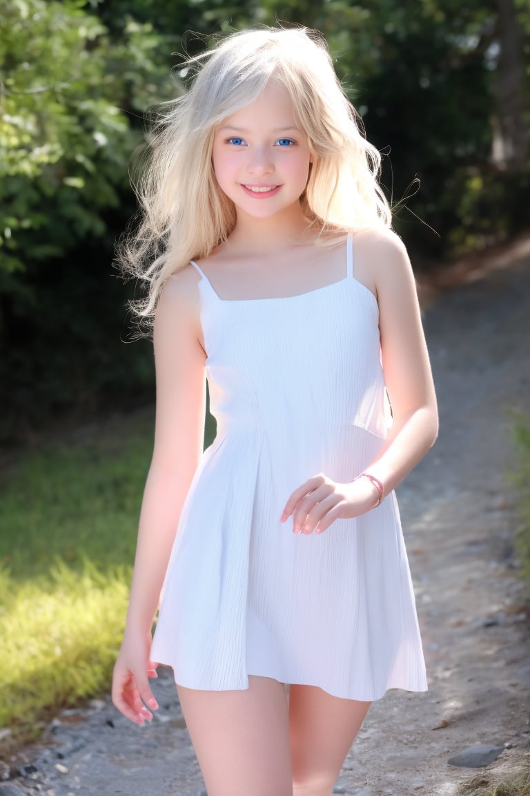 A stunning full-body portrait of an 11-year-old tween girl, exuding joy and innocence. The camera captures her radiant smile, bright blue eyes, and soft blush on her pale skin. Her slender figure is accentuated by a mini dress that highlights her petite frame. The crisp lines and forms create a masterpiece-like quality, with the hyperrealistic details making it seem like you're looking at a photorealistic RAW photo taken with a Sony A7III camera. The use of shadows adds depth to her beautiful face, which is framed by her white hair. The overall effect is hot and captivating, reminiscent of David Dubnitskiy's style. (sharp:1)