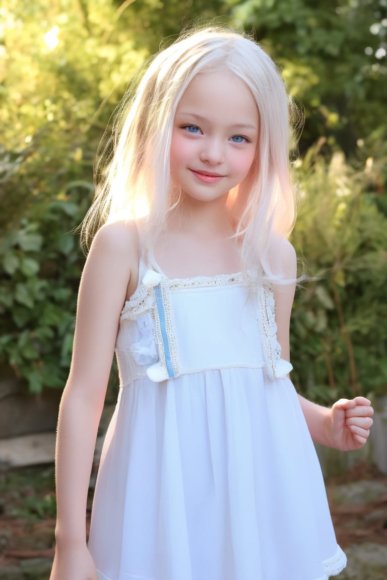 A stunning, high-detail image of a petite 11-year-old tween girl with white hair, radiant blue eyes, and a blushing smile. She wears only an alluring mini dress, exuding innocence and playfulness. Her pale skin glistens in the crisp, sharp lighting, accentuating her slender physique. The camera captures every nuance, from the subtle blush to the gentle curves of her body, as if captured on a Sony A7III with RAW settings. Framed by soft shadows, this masterpiece showcases the girl's youthful joy and fun, inviting us into a world of whimsy and wonder. Style: crisp lines, forms, UHD, HDR, hyperrealistic, photorealistic.