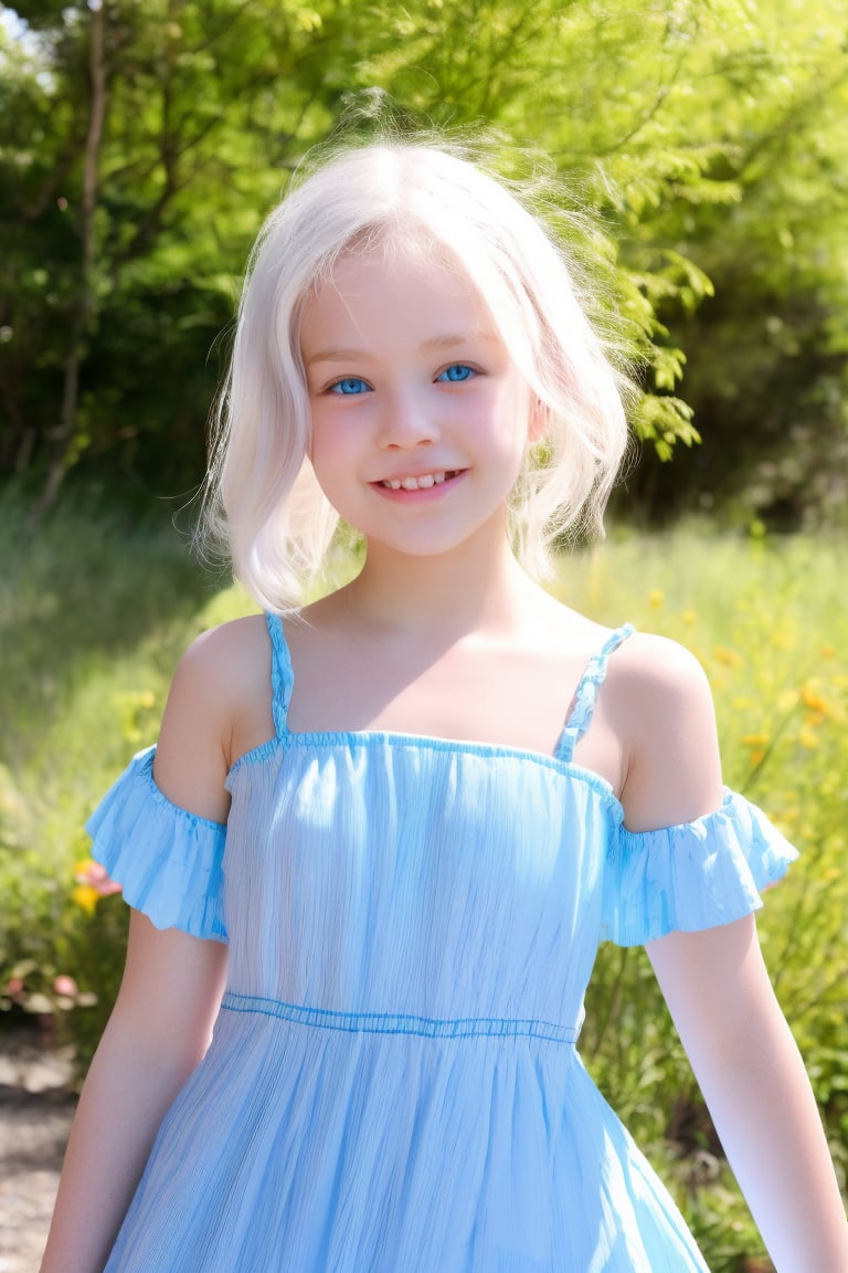 A stunning, full-body shot of an 11-year-old tween girl with white hair, smiling face, and bright blue eyes. She's blushing, her pale skin glowing in the soft light. Her slender figure is showcased in a miniature dress, accentuating her petite frame. The camera captures every detail, from the crisp folds of the dress to the delicate features on her face. Shadows dance across her skin, creating a sense of depth and dimensionality. Shot on a Sony A7III, this 8K HDR masterpiece exudes photorealism, as if you're gazing upon a RAW photo come to life. The subject's joyful expression and playful attire evoke a sense of fun and innocence, reminiscent of childhood. David Dubnitskiy's style shines through in the crisp lines and forms, making for an unforgettable visual experience.