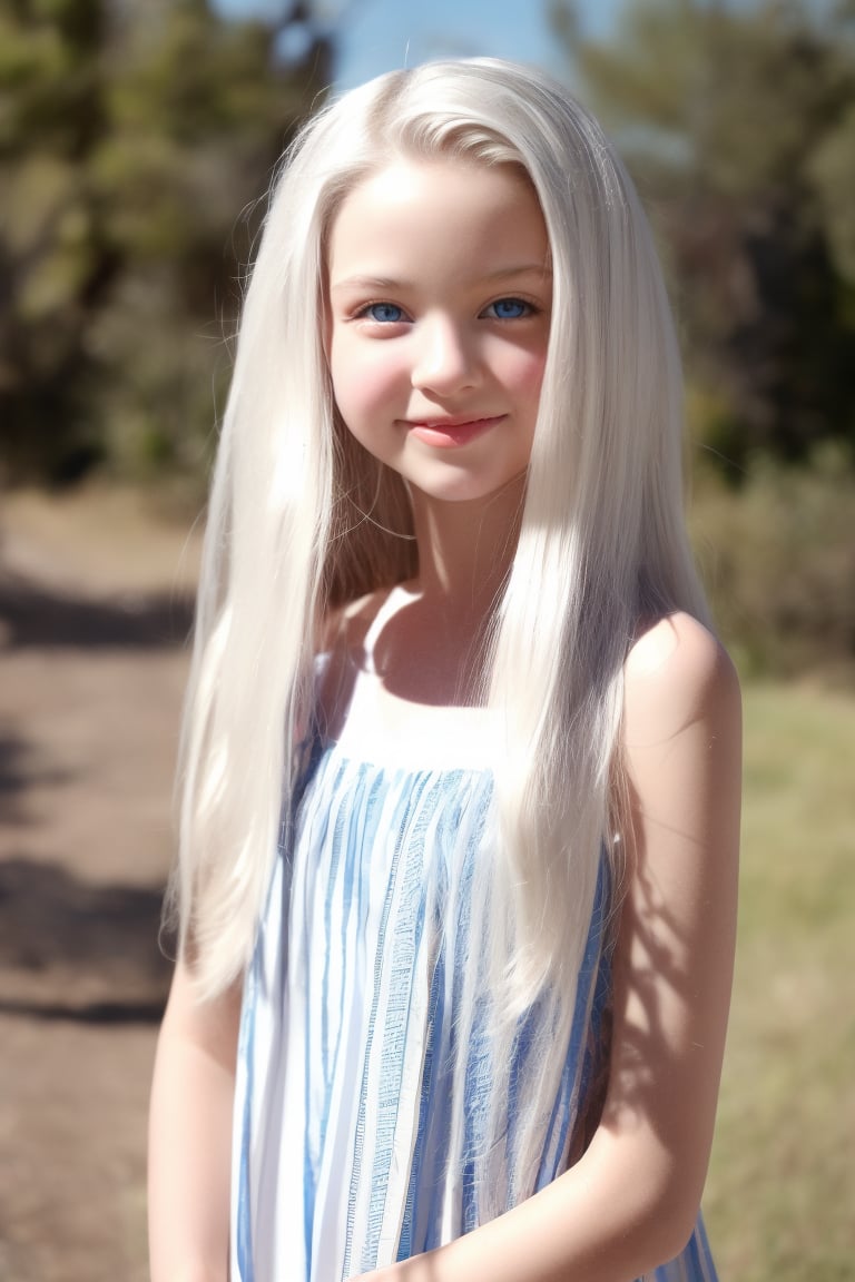 A stunning 8K, HDR masterpiece of a tween girl, age 11, with striking white hair and bright blue eyes. Her smiling face glows with a soft blush, against a pale white complexion. The petite, slender figure is dressed in a flowing hippie dress, exuding innocence and playfulness. Shot on a Sony A7III in RAW format, stylized in a 1:2 aspect ratio, with crisp lines and forms reminiscent of David Dubnitskiy's style. Shadows add depth to the image, creating a sense of dimensionality. (Sharp:1)