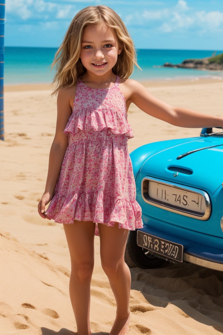 "A lively tween girl is having a fun day on a sunny beach. As she builds sandcastles, splashes in the waves and sunbathes, her colorful mini dress can easily shift, revealing a bit of her underwear or a glimpse of her developing figure as the strap of her mini dress slips down. Emily's boundless energy and joy for beach activities make her a charming presence."