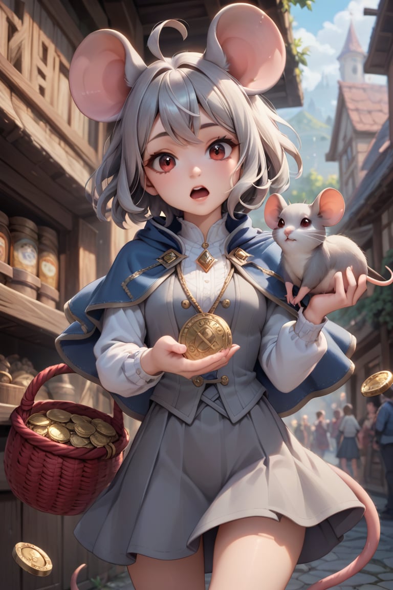 score_9, score_8_up, score_7_up, score_6_up, score_5_up, nazrin, 1girl, solo, short hair, open mouth, bangs, skirt, shirt, red eyes, long sleeves, holding, animal ears, jewelry, tail, white shirt, ahoge, grey hair, cowboy shot, :o, vest, capelet, cover, cover page, skirt set, pendant, grey skirt, mouse ears, basket, grey dress, mouse tail, coin, mouse, grey vest, mouse girl, blue capelet, dowsing rod, maneki-neko