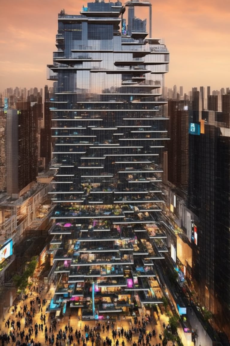 A futuristic cityscape at dusk: Framed by a vast, orange-hued sky, sleek skyscrapers rise like shards of glass, their neon-illuminated exteriors casting a kaleidoscope of colors across the streets. Towering buildings with reflective facades mirror the vibrant hues, as slender poles supporting holographic advertisements slice through the air. Busy pedestrians from diverse backgrounds converge on the city's pulsating heart, energized by the symphony of sounds and lights that fill the void.