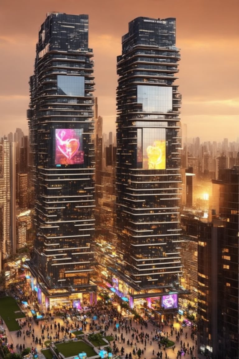 A futuristic cityscape at dusk: Framed by a vast, orange-hued sky, sleek skyscrapers rise like shards of glass, their neon-illuminated exteriors casting a kaleidoscope of colors across the streets. Towering buildings with reflective facades mirror the vibrant hues, as slender poles supporting holographic advertisements slice through the air. Busy pedestrians from diverse backgrounds converge on the city's pulsating heart, energized by the symphony of sounds and lights that fill the void.