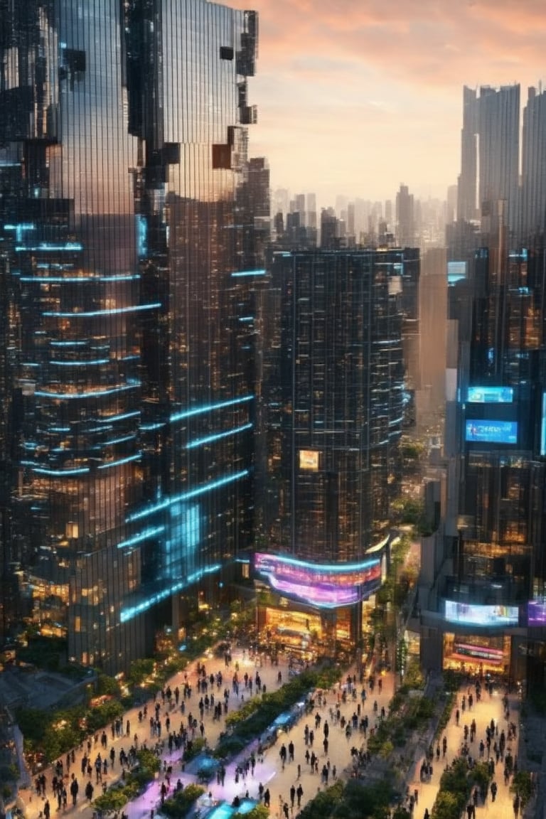 A futuristic cityscape at dusk: Framed by a vast, orange-hued sky, sleek skyscrapers rise like shards of glass, their neon-illuminated exteriors casting a kaleidoscope of colors across the streets. Towering buildings with reflective facades mirror the vibrant hues, as slender poles supporting holographic advertisements slice through the air. Busy pedestrians from diverse backgrounds converge on the city's pulsating heart, energized by the symphony of sounds and lights that fill the void.