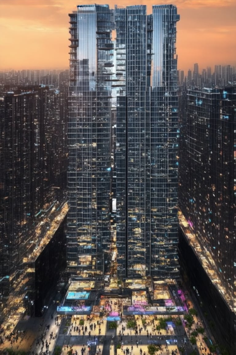 A futuristic cityscape at dusk: Framed by a vast, orange-hued sky, sleek skyscrapers rise like shards of glass, their neon-illuminated exteriors casting a kaleidoscope of colors across the streets. Towering buildings with reflective facades mirror the vibrant hues, as slender poles supporting holographic advertisements slice through the air. Busy pedestrians from diverse backgrounds converge on the city's pulsating heart, energized by the symphony of sounds and lights that fill the void.