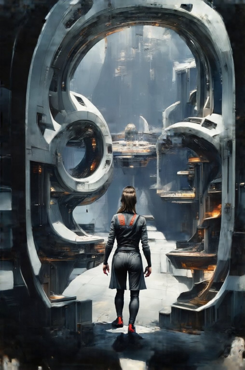 concept art, portrait  1girl wearing black sci-fi clothes, futuristic,, style by Nirav Patel,symmetrical fractal megastructure  Colossal scale, cinematic, wide angle, dramatic lighting, perfect focus, depth of field the view from afar,Look at the camera