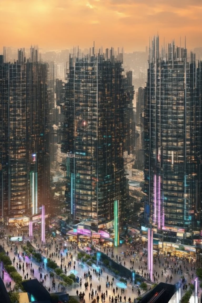 A futuristic cityscape at dusk: Framed by a vast, orange-hued sky, sleek skyscrapers rise like shards of glass, their neon-illuminated exteriors casting a kaleidoscope of colors across the streets. Towering buildings with reflective facades mirror the vibrant hues, as slender poles supporting holographic advertisements slice through the air. Busy pedestrians from diverse backgrounds converge on the city's pulsating heart, energized by the symphony of sounds and lights that fill the void.