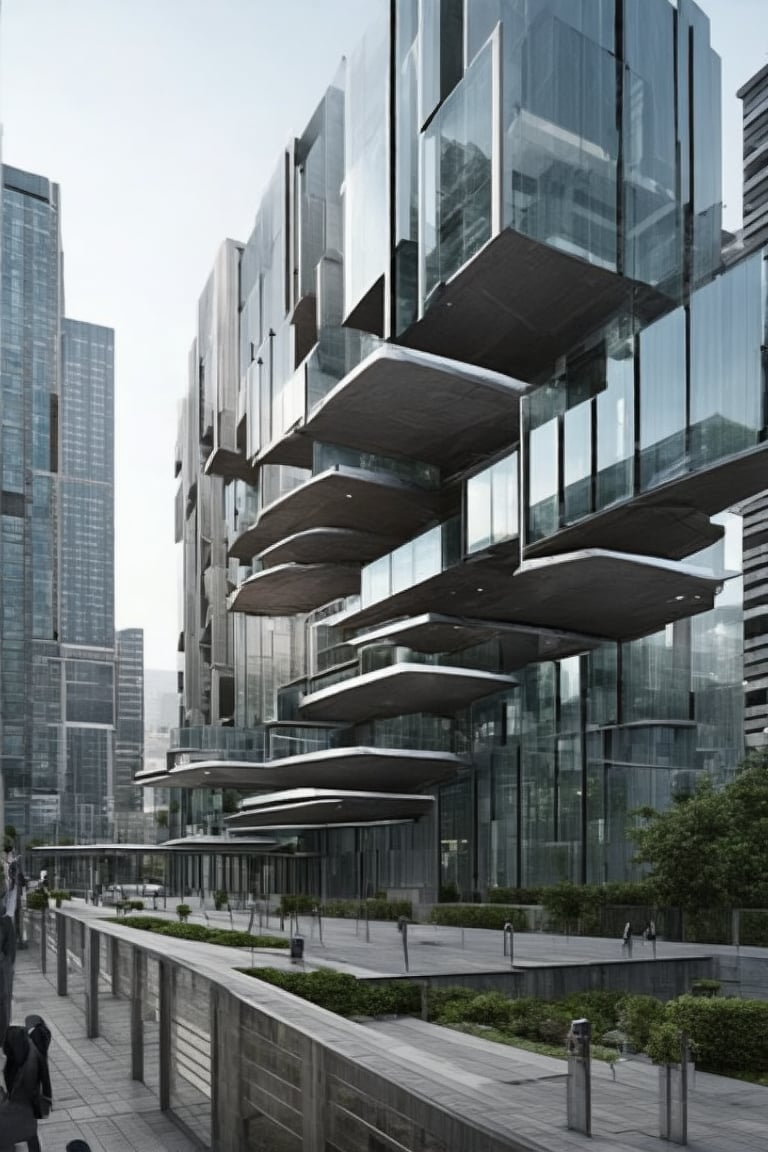 POV, DOF, A modern cityscape features a sleek, glass-fronted building standing proudly in the heart of town. The structure's vertical lines are juxtaposed with the horizontal plane of the sidewalk, creating a dynamic sense of tension. Framed by the blurred background of surrounding buildings and bustling streets, the subject takes center stage.,Vertical,Horizontal,Frames,Void,Stacked,Newcolony