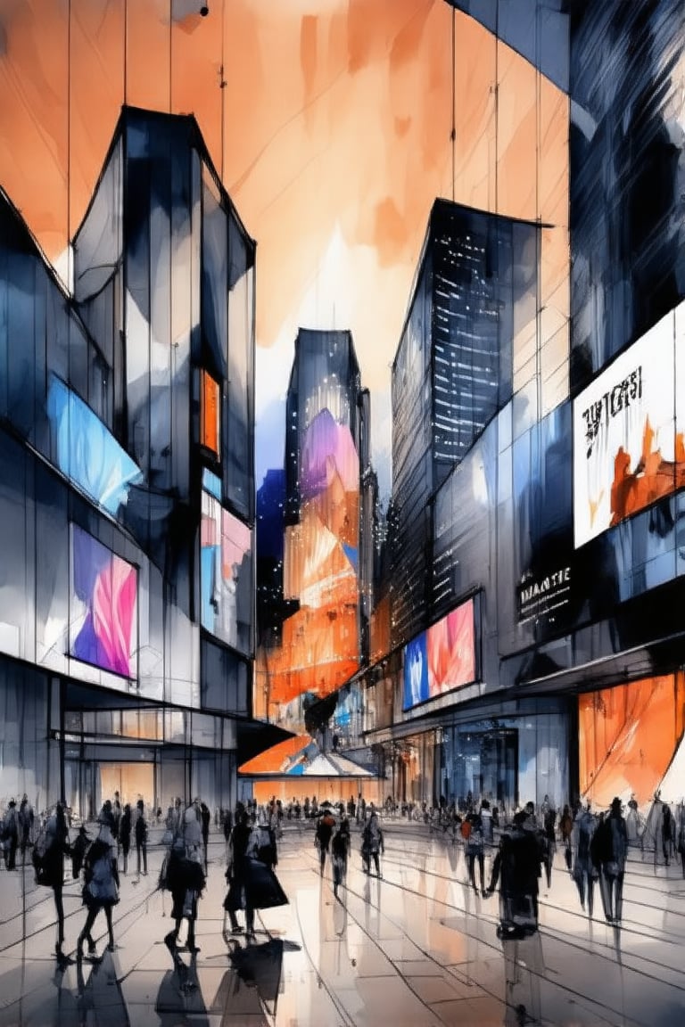 Panoramic shot of a futuristic metropolis at dusk, as the orange-tinged sky casts a warm glow on sleek skyscrapers with neon-lit exteriors. Cobblestone streets reflect vibrant colors from refracted light, while mirrored facades of towering buildings amplify hues. Holographic advertisements suspended above pedestrians from diverse backgrounds converge on the city's pulsing heart, energized by harmonious sounds and lights.,futureurbanday,archmarkerpen,archwatercolor