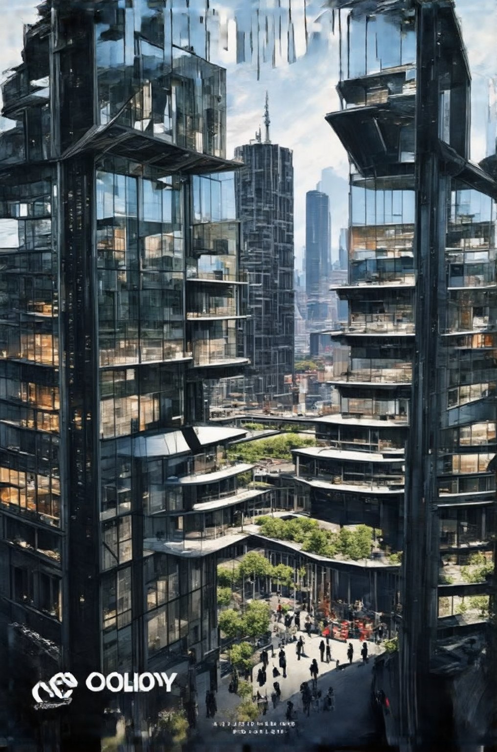 In a bold low-angle shot, the glassy façade of the New Colony's sleek building rises vertically into the sky, its sharp lines and reflective surfaces piercing through the urban void. The busy streets and surrounding buildings blur in the background, framing the subject as a beacon amidst the vibrant cityscape. Stacked windows reflect the steel giants of skyscrapers, while modern architecture meets avant-garde design.,Newcolony,Horizontal