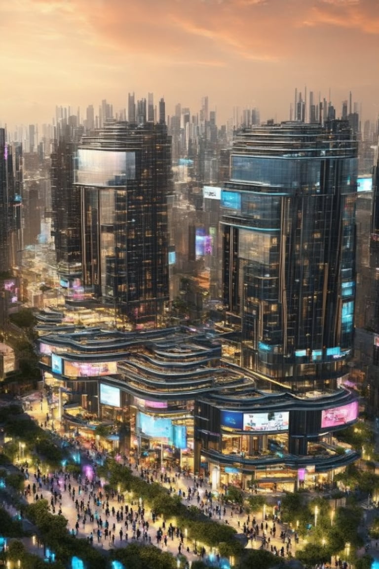 A futuristic cityscape at dusk: Framed by a vast, orange-hued sky, sleek skyscrapers rise like shards of glass, their neon-illuminated exteriors casting a kaleidoscope of colors across the streets. Towering buildings with reflective facades mirror the vibrant hues, as slender poles supporting holographic advertisements slice through the air. Busy pedestrians from diverse backgrounds converge on the city's pulsating heart, energized by the symphony of sounds and lights that fill the void.