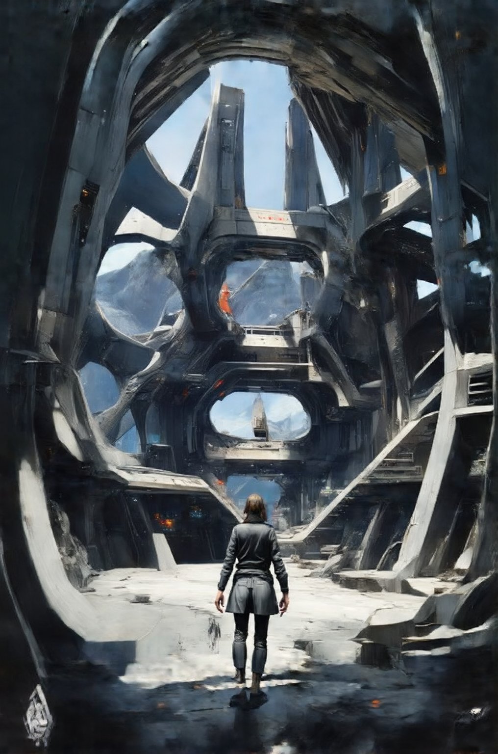 concept art, portrait  1girl wearing black sci-fi clothes, futuristic,, style by Nirav Patel,symmetrical fractal megastructure  Colossal scale, cinematic, wide angle, dramatic lighting, perfect focus, depth of field the view from afar,Look at the camera