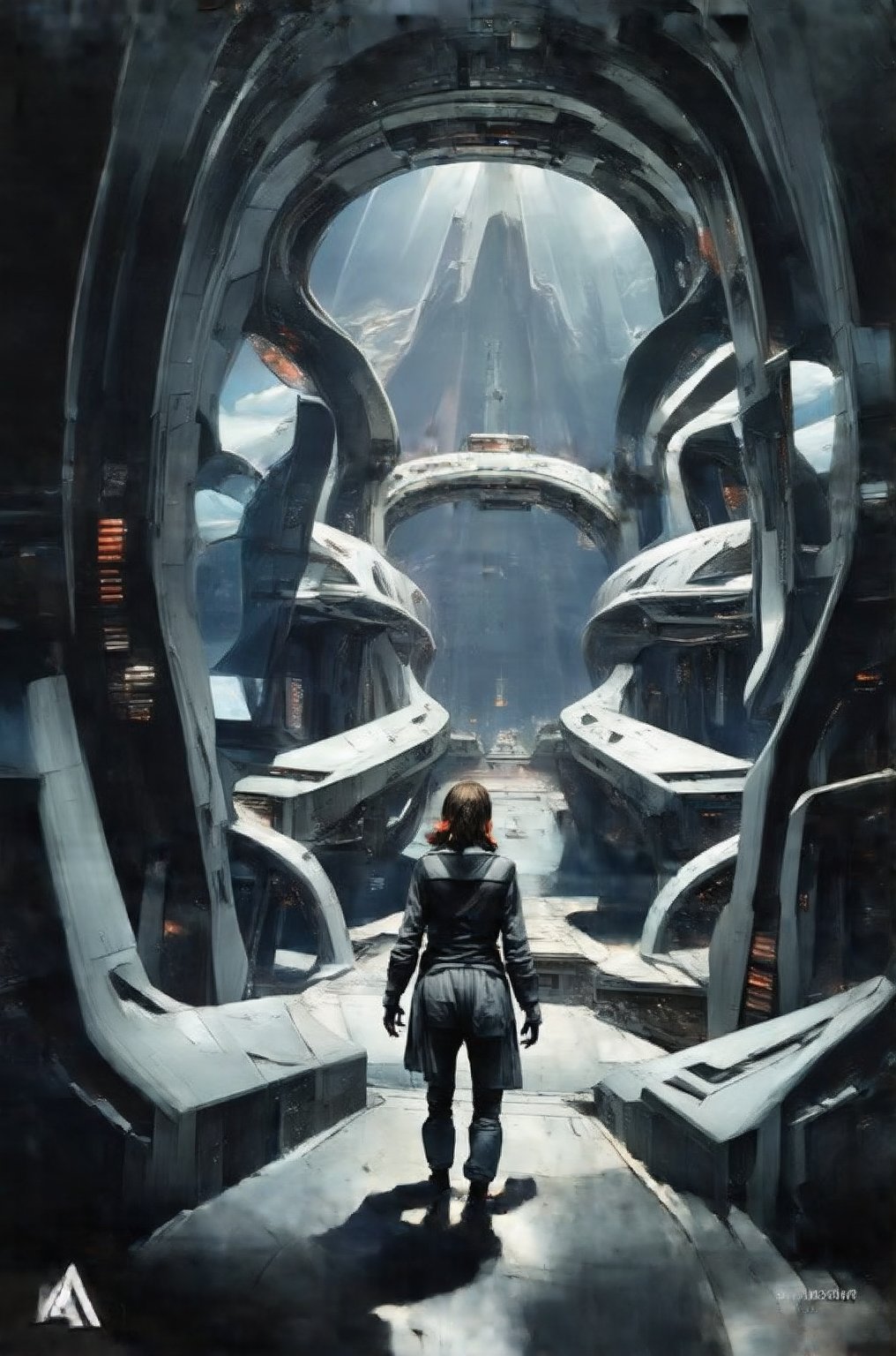 concept art, portrait  1girl wearing black sci-fi clothes, futuristic,, style by Nirav Patel,symmetrical fractal megastructure  Colossal scale, cinematic, wide angle, dramatic lighting, perfect focus, depth of field the view from afar,Look at the camera