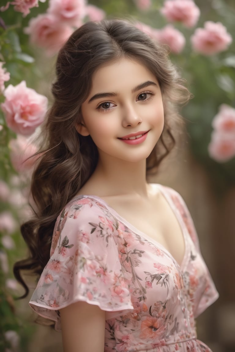 (highres,masterpiece:1.2), realistic portrait,18 year old girl with big round eyes, tiny nose and rosy lips, adorable facial expression, pale complexion, long eyelashes and thick eyebrows, soft curly black hair, flowy dress with pink patterns, playful and innocent smile, beautiful natural light, vibrant background of blooming flowers, sweet and warm atmosphere, medium range shot to capture all the intricate details, happy and carefree mood, perfect balance between innocence and maturity, photo realistic style, impeccable attention to detail, emotive and lifelike portrayal, classic and timeless aesthetic.