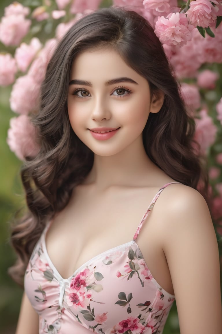 (highres,masterpiece:1.2), realistic portrait,18 year old girl with big round eyes, tiny nose and rosy lips, adorable facial expression, pale complexion, long eyelashes and thick eyebrows, soft and long curly black hair, bikini with pink patterns, playful and innocent smile, beautiful natural light, vibrant background of blooming flowers, sweet and warm atmosphere, wide range shot to capture all the intricate details, happy and carefree mood, perfect balance between innocence and maturity, photo realistic style, impeccable attention to detail, emotive and lifelike portrayal, classic and timeless aesthetic.