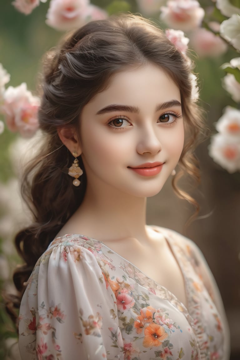 (highres,masterpiece:1.2), realistic portrait,18 year old girl with big round eyes, tiny nose and rosy lips, adorable facial expression, pale complexion, long eyelashes and thick eyebrows, soft curly black hair, flowy dress with floral patterns, playful and innocent smile, beautiful natural light, vibrant background of blooming flowers, sweet and warm atmosphere, close-up shot to capture all the intricate details, happy and carefree mood, perfect balance between innocence and maturity, photo realistic style, impeccable attention to detail, emotive and lifelike portrayal, classic and timeless aesthetic.