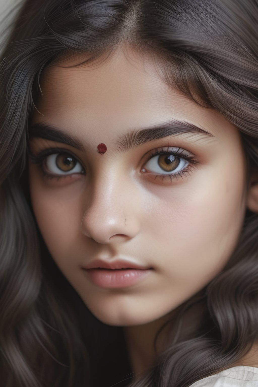 photography of a 18yo girl, masterpiece, photorealistic, analog, realism, neutral background, perfect eyes, pale skin, long black wavy hair, black eyes, indian teenage girl, cute face,  Hyper Realistic photo 