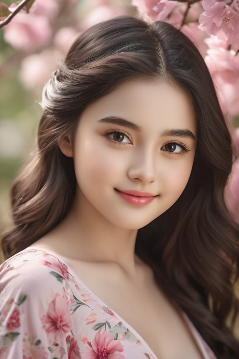 (highres,masterpiece:1.2), realistic portrait,18 year old girl with big round eyes, tiny nose and rosy lips, adorable facial expression, pale complexion, long eyelashes and thick eyebrows, soft and long curly black hair, flowy bikini with pink patterns, playful and innocent smile, beautiful natural light, vibrant background of blooming flowers, sweet and warm atmosphere, long range shot to capture all the intricate details, happy and carefree mood, perfect balance between innocence and maturity, photo realistic style, impeccable attention to detail, emotive and lifelike portrayal, classic and timeless aesthetic.