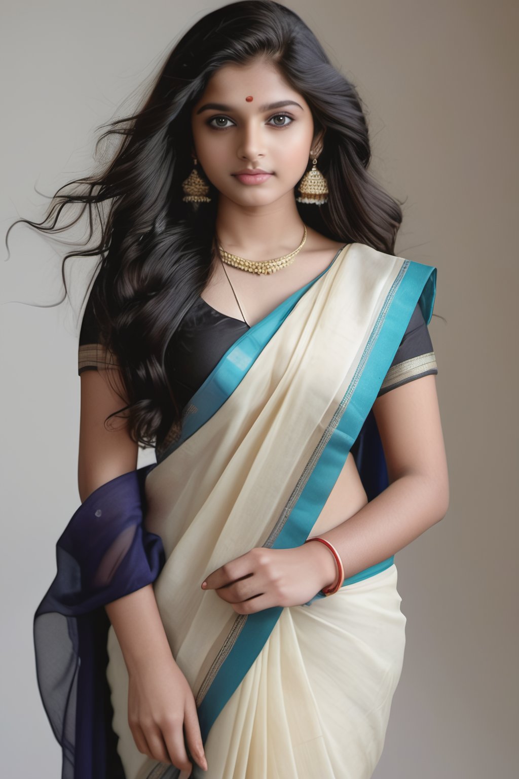 photography of a 18yo girl, masterpiece, photorealistic, analog, realism, neutral background, perfect eyes, pale skin, long black wavy hair, black eyes, indian teenage girl, cute face, saree, showcasing her whole body, Hyper Realistic photo 