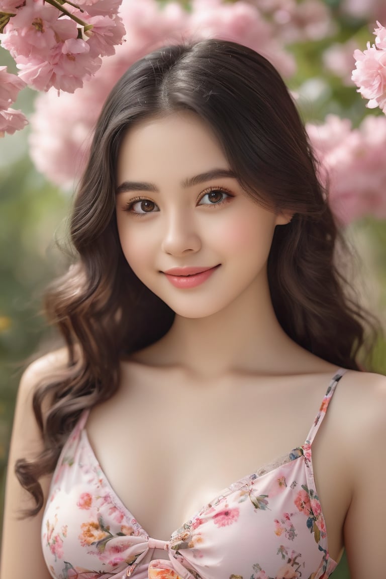 (highres,masterpiece:1.2), realistic portrait,18 year old girl with big round eyes, tiny nose and rosy lips, adorable facial expression, pale complexion, long eyelashes and thick eyebrows, soft and long curly black hair, flowy bikini with pink patterns, playful and innocent smile, beautiful natural light, vibrant background of blooming flowers, sweet and warm atmosphere, long range shot to capture all the intricate details, happy and carefree mood, perfect balance between innocence and maturity, photo realistic style, impeccable attention to detail, emotive and lifelike portrayal, classic and timeless aesthetic.