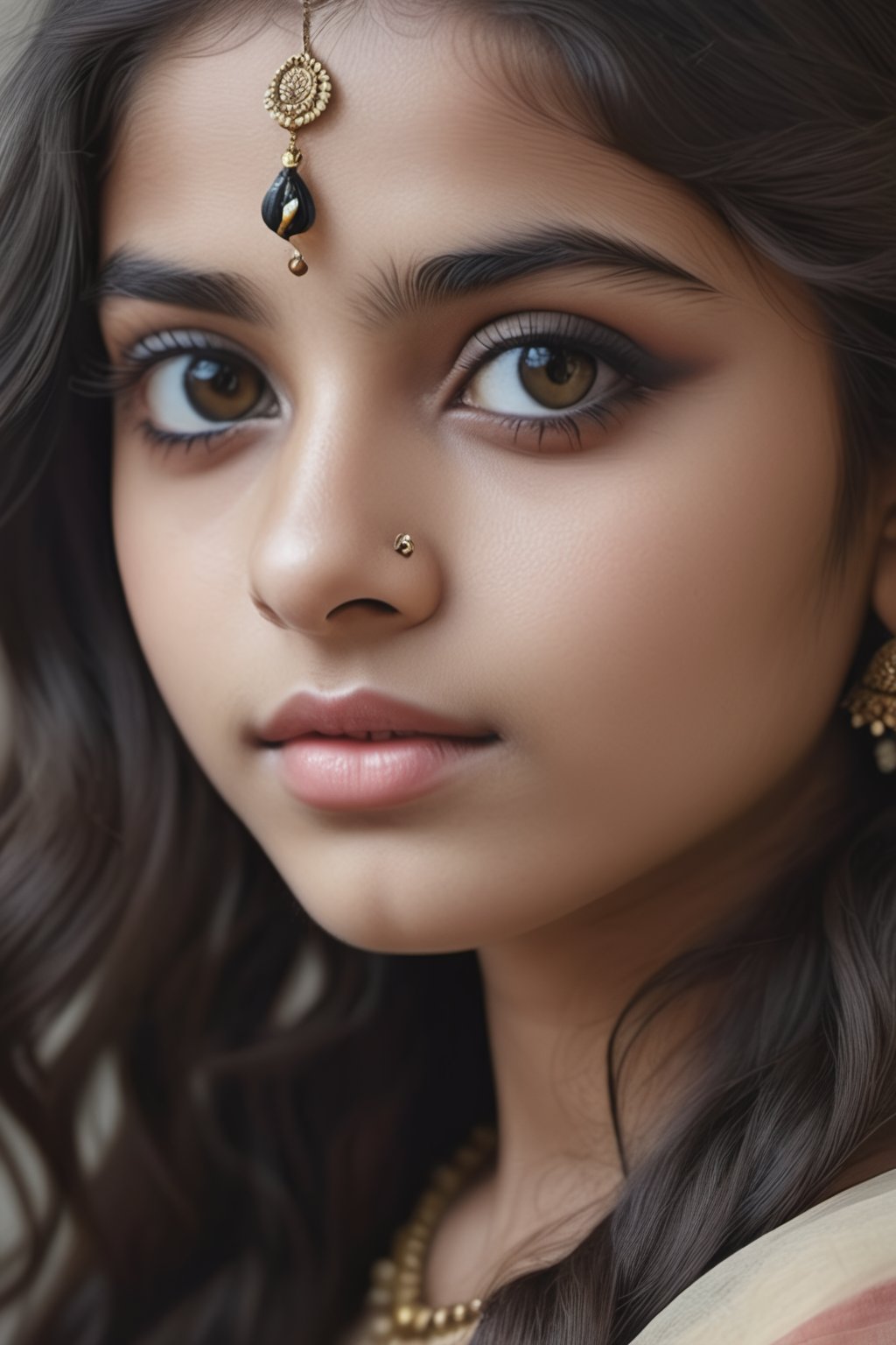 photography of a 18yo girl, masterpiece, photorealistic, analog, realism, neutral background, perfect eyes, pale skin, long black wavy hair, black eyes, indian teenage girl, cute face, churidar, showcasing her whole body, Hyper Realistic photo 