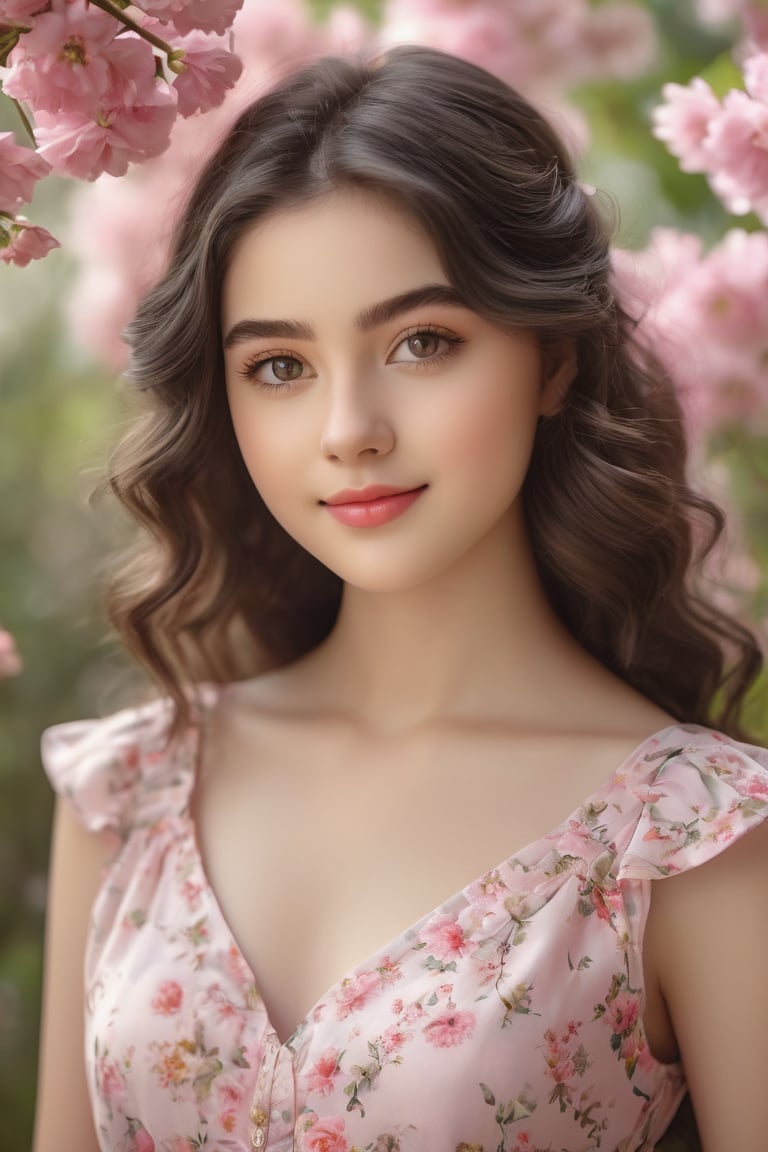 (highres,masterpiece:1.2), realistic portrait,18 year old girl with big round eyes, tiny nose and rosy lips, adorable facial expression, pale complexion, long eyelashes and thick eyebrows, soft curly black hair, flowy dress with pink patterns, playful and innocent smile, beautiful natural light, vibrant background of blooming flowers, sweet and warm atmosphere, medium range shot to capture all the intricate details, happy and carefree mood, perfect balance between innocence and maturity, photo realistic style, impeccable attention to detail, emotive and lifelike portrayal, classic and timeless aesthetic.