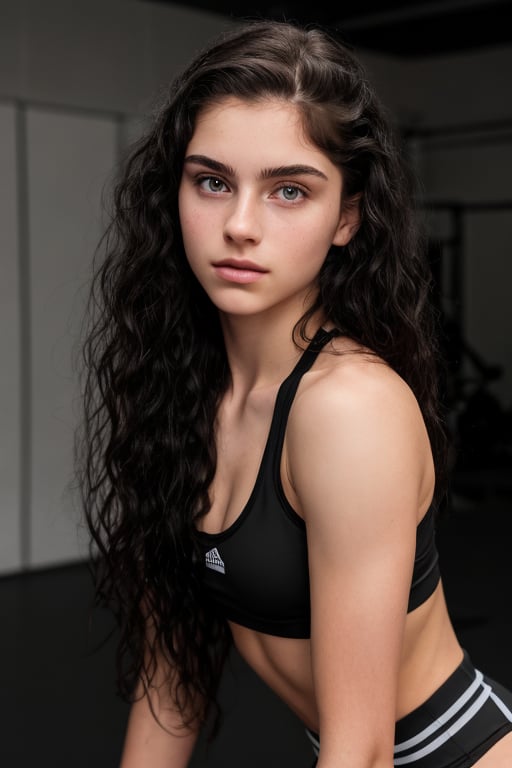 18 year old girl, teenage gym model, photo, rule of thirds, dramatic lighting, long hair, detailed face, detailed nose, girl wearing gym set, cute andseductive smirk, intricate background, realism, realistic, raw, analog, pale skin, portrait, photorealistic, analog, realism, long black curly hair, perfect fit body, boxing pose 