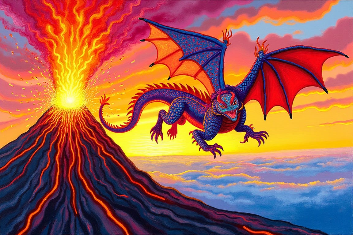 A vibrant painting in the style of David Hockney, featuring a majestic fiery dragon soaring above an erupting volcano. The dragon's scales are rendered in bold, colorful blocks, glowing against a sunset backdrop. The volcano's lava bursts are depicted with bright, geometric patterns, contrasting with the fluid, dynamic lines of the dragon's wings. The scene is framed with the dragon in the foreground, its fierce expression and powerful form highlighted by the intense, colorful lighting. The composition uses playful angles and perspectives, emphasizing the dragon's dominance and the dramatic energy of the volcanic eruption.