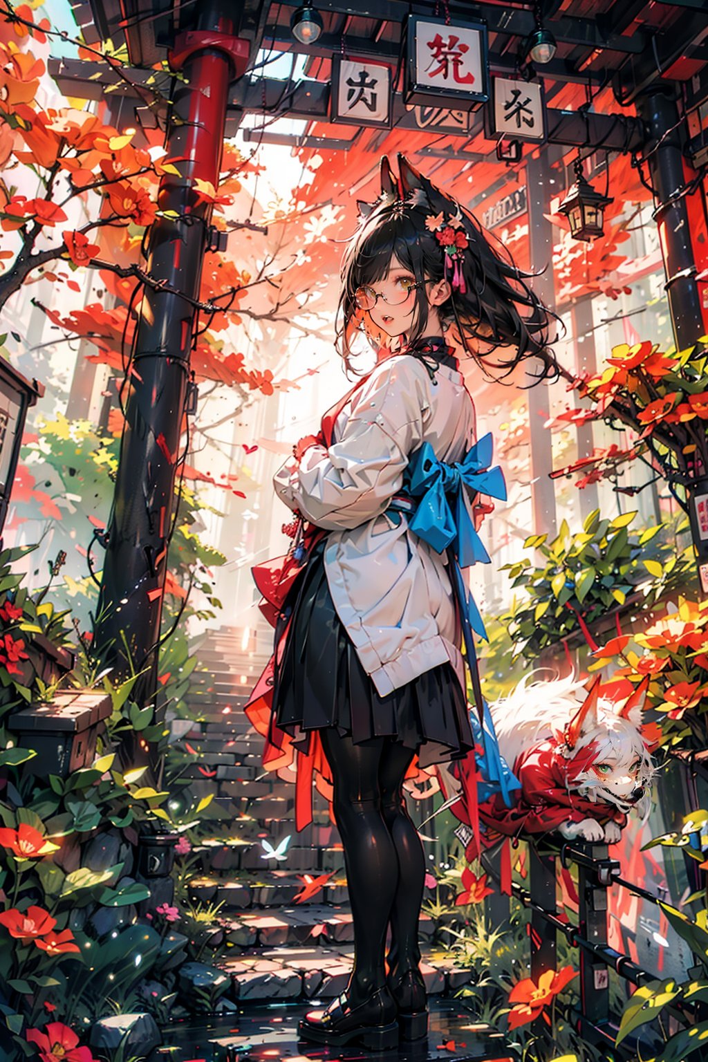 A breathtaking tableau unfolds: a bespectacled schoolgirl stands poised on stairs leading up to a serene Japanese temple, nestled within a misty mountainous forest. Her best quality blue skirt flutters gently as she reaches out with reverence to touch the majestic fox's fur. The Torii gate frames the scene, its vermilion hue juxtaposed against the soft blues and greens of the natural surroundings. Subtle chromatic aberration effects add depth to the image, as the tender moment between girl and fox is captured in a warm, golden light.