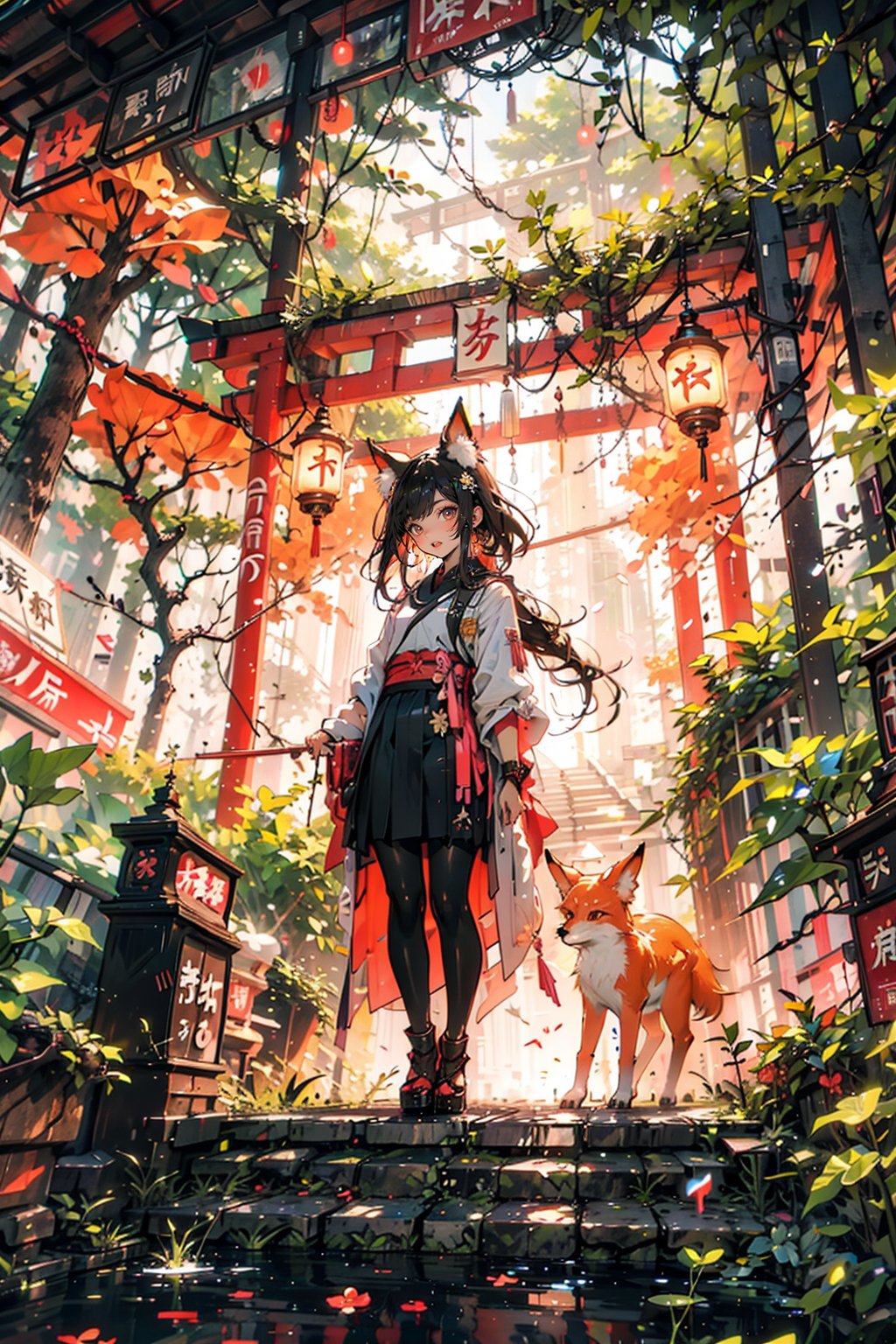 A masterpiece of photography captures the serene atmosphere of a Japanese temple nestled in a mountainous forest, with a delicate Torii gate leading to the sacred site. A schoolgirl stands near the entrance, her bright blue skirt fluttering as she gazes down at a curious fox. The soft morning light casts a warm glow, accentuating the vibrant hues of the surroundings and subtly highlighting the subject's uniform. The chromatic aberration effect adds a touch of magic to the image, as if the girl and fox are transported from their whimsical world into ours.