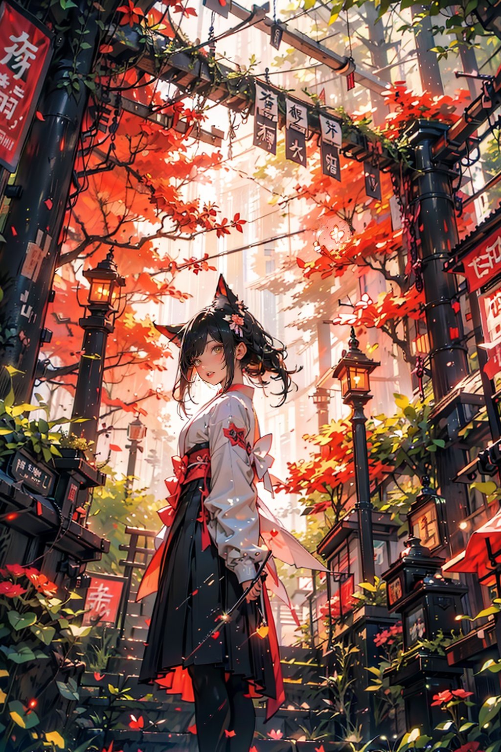 A serene Japanese temple, nestled in a misty mountainous forest, is bathed in soft morning light. A delicate Torii gate leads to the sacred site, where a schoolgirl stands, her bright blue skirt fluttering as she gazes down at a curious fox. The warm glow illuminates the vibrant hues of the surroundings and highlights the subject's uniform. The chromatic aberration effect adds a touch of magic, transporting the girl and fox from their whimsical world into ours.