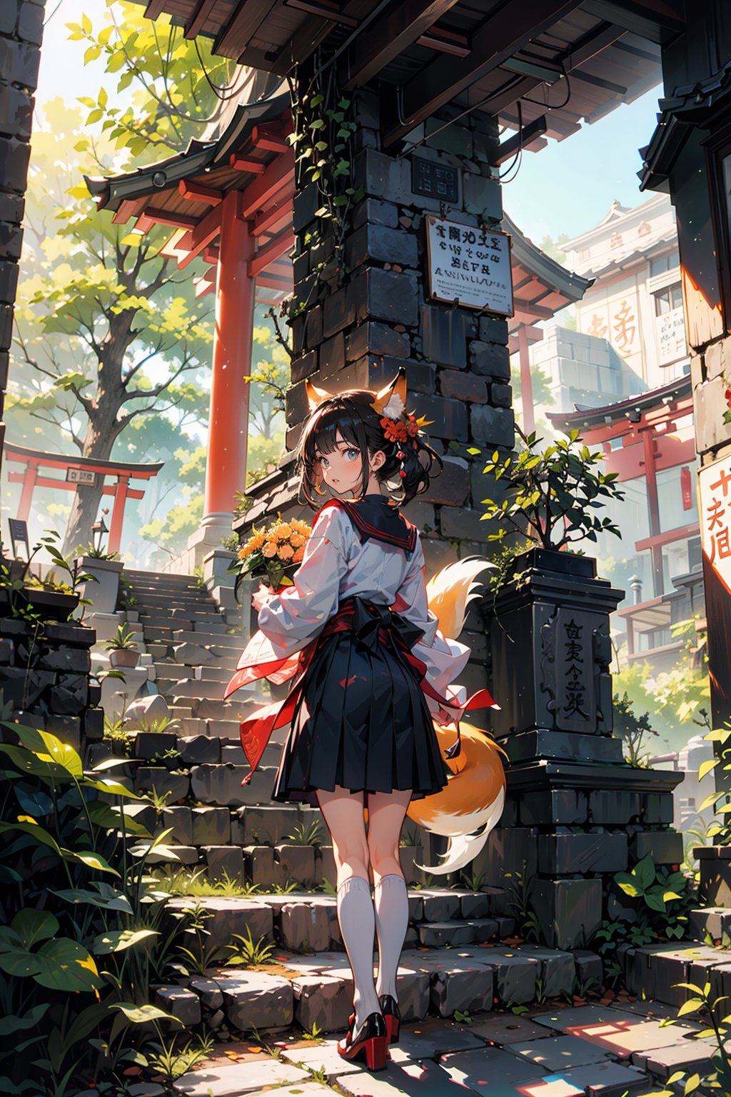 A masterpiece of Japanese serenity: a young girl in her school uniform stands at the base of a majestic mountain, near a curious fox (creature: 0.8) with its bushy tail entwined around the stairs of a ancient temple's Torii gate. The blue skirt flows like a river down the stairs, surrounded by lush forest foliage. Softly filtered sunlight casts a warm glow, subtly highlighting chromatic aberration in the leaves and temple stones.