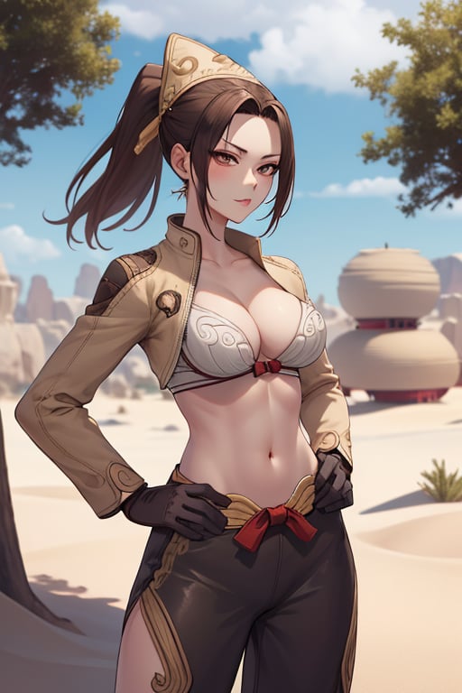 mai shiranui, ponytail, brown hair, dark brown eyes,confident pose, sand, tree, desert,ragnarokthief, jacket, long sleeves, brown gloves, pants, old dark brown hat