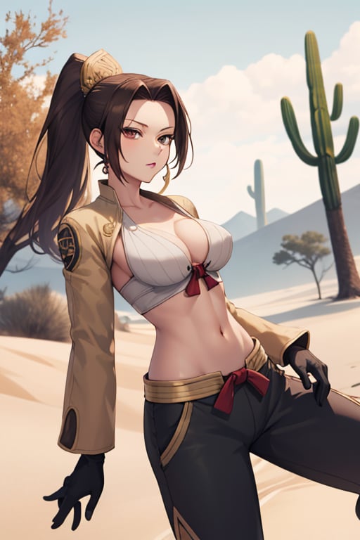 mai shiranui, ponytail, brown hair, dark brown eyes,confident pose, sand, tree, desert,ragnarokthief, jacket, long sleeves, brown gloves, pants, cactus, wolfs