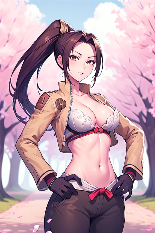 mai shiranui, ponytail, brown hair, brown eyes,confident pose,ragnarokthief, jacket, long sleeves, brown gloves, pants, petals, trees